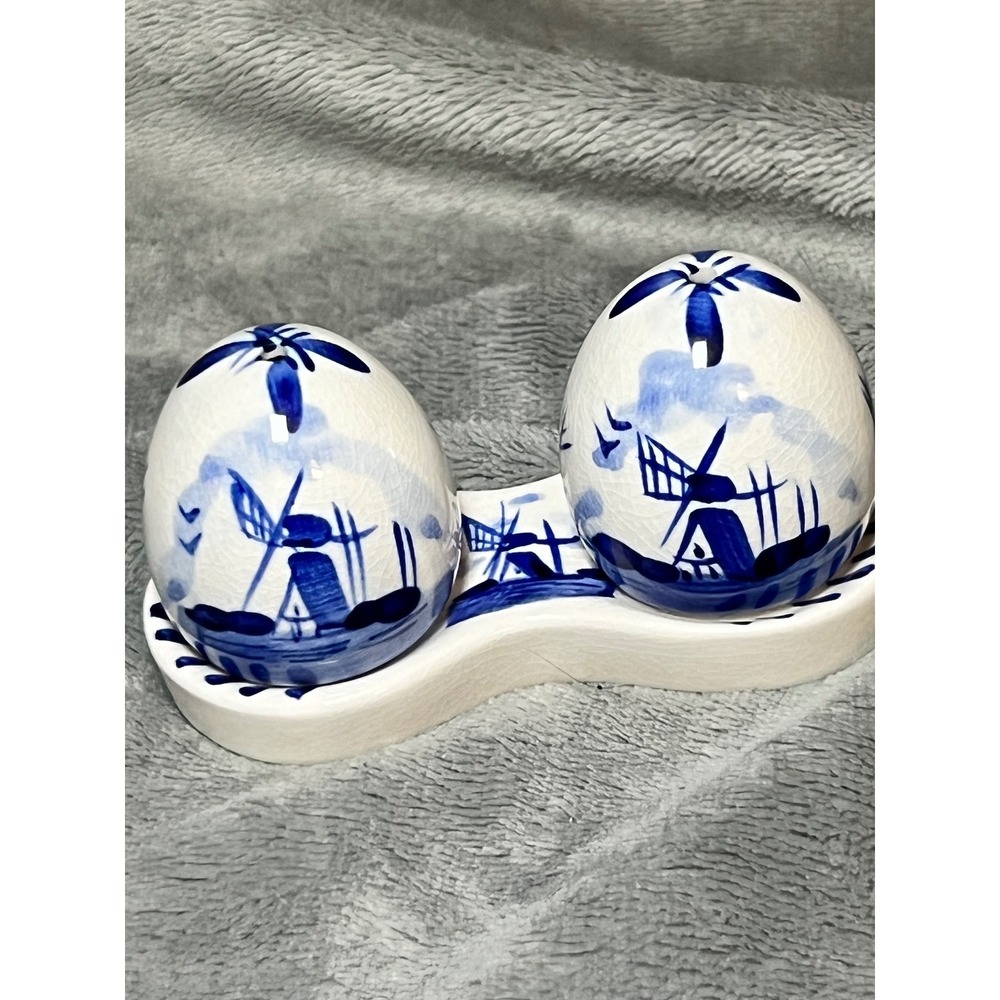 Vintage Delft Blue Windmill Salt Pepper Shakers Hand Painted Ceramic Tray Set